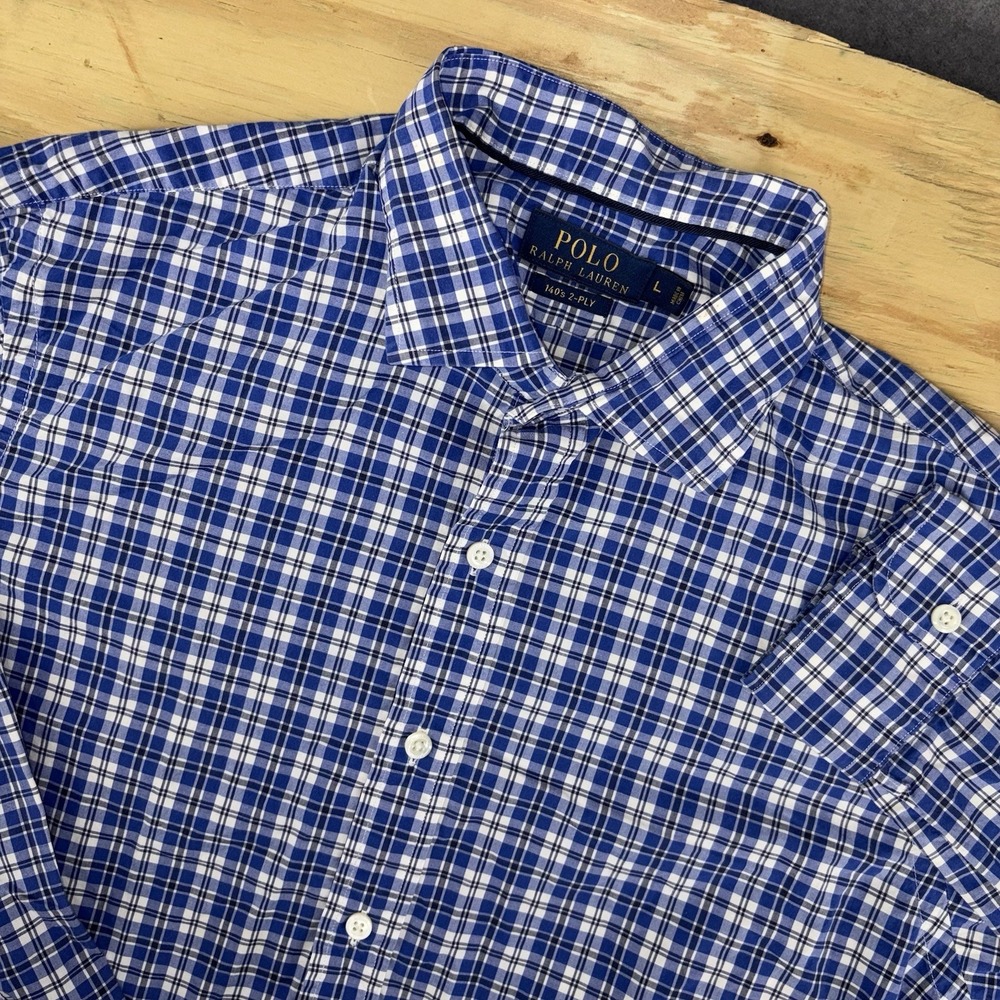 Polo Ralph Lauren Blue Plaid Long Sleeve Button Down Mens Large 140's 2 Ply